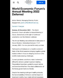 Read more about the article World Economic Forum’s Annual Meeting 2022 Deferred