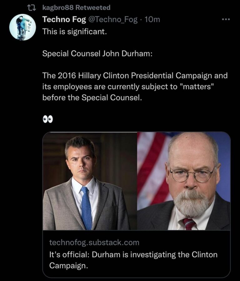 Read more about the article This is significant. Special Counsel John Durham: The 2016 Hillary Clinton Presidential Campaign and its employees are currently subject to “matters” before the Special Counsel.