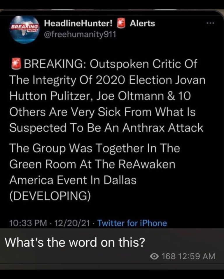 Read more about the article BREAKING: Outspoken Critic Of The Integrity Of 2020 Election Jovan Hutton Pulitzer, Joe Oltmann & 10 Others Are Very Sick From What Is Suspected To Be An Anthrax Attack The Group Was Together In The Green Room At The ReAwaken America Event In Dallas (DEVELOPING)
