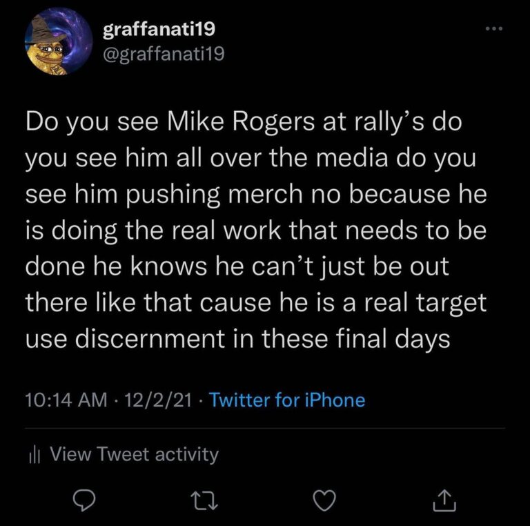 Read more about the article Do you see Mike Rogers at rally’s do you see him all over the media do you see him pushing merch no because he is doing the real work that needs to be done he knows he can’t just be out there like that cause he is a real target use discernment in these final days