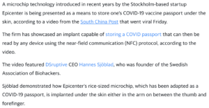 Read more about the article Swedish company showcases microchip that can download Covid-19 passport status under skin, December 19, 2021 news