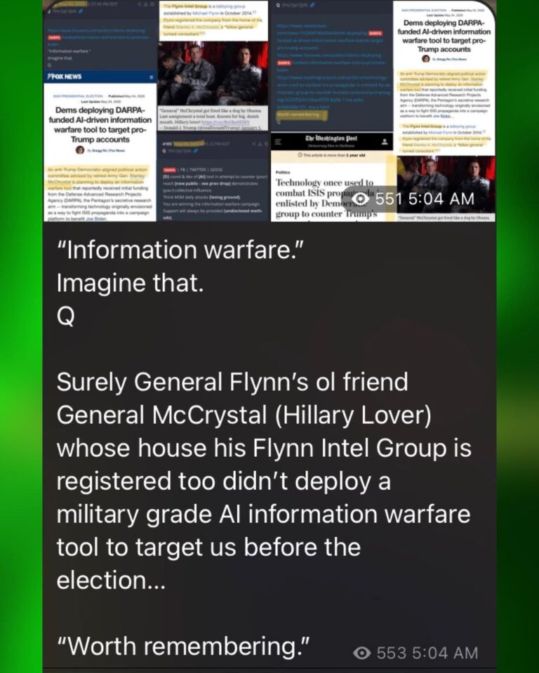 Read more about the article Surely General Flynn’s 01 friend General McCrystal (Hillary Lover) whose house his Flynn Intel Group is registered too didn’t deploy a military grade A1 information warfare tool to target us before the
