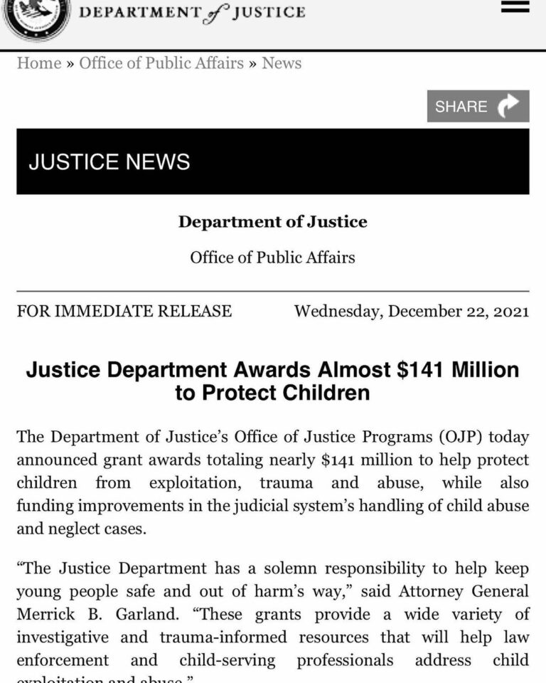 Read more about the article Justice Department Awards Almost $141 Million to Protect Children