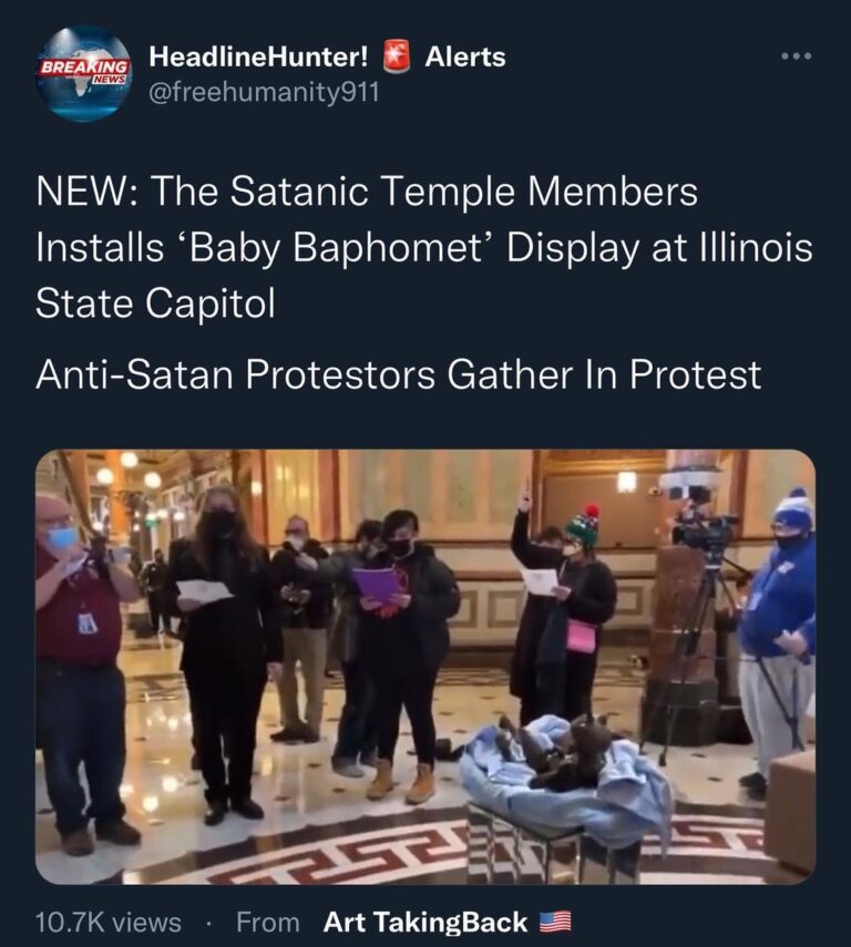 Read more about the article NEW: The Satanic Temple Members Installs ‘Baby Baphomet’ Display at Illinois State Capitol Anti-Satan Protestors Gather In Protest