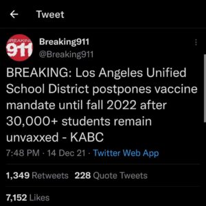 Read more about the article BREAKING: Los Angeles Unified School District postpones vaccine mandate until fall 2022 after 30,000+ students remain unvaxxed – KABC