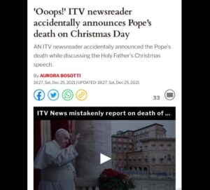 Read more about the article ‘Ooops!’ ITV newsreader accidentally announces Pope’s death on Christmas Day