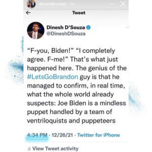 Read more about the article “F-you, Biden!” ” I completely agree. F-me!” That’s what just happened here. The genius of the #LetsGoBrandon guy is that he managed to confirm, in real time, what the whole world already suspects: Joe Biden is a mindless puppet handled by a team of ventriloquists and puppeteers