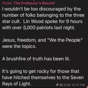 Read more about the article I wouldn’t be too discouraged by the number of folks belonging to the three star cult. Lin Wood spoke for 9 hours with over 5,000 patriots last night.
