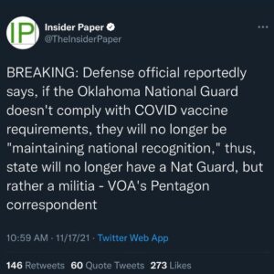 Read more about the article BREAKING: Defense official reportedly says, if the Oklahoma National Guard doesn’t comply with COVID vaccine requirements, they will no longer be “maintaining national recognition,” thus, state will no longer have a Nat Guard, but rather a militia – VOA’s Pentagon correspondent