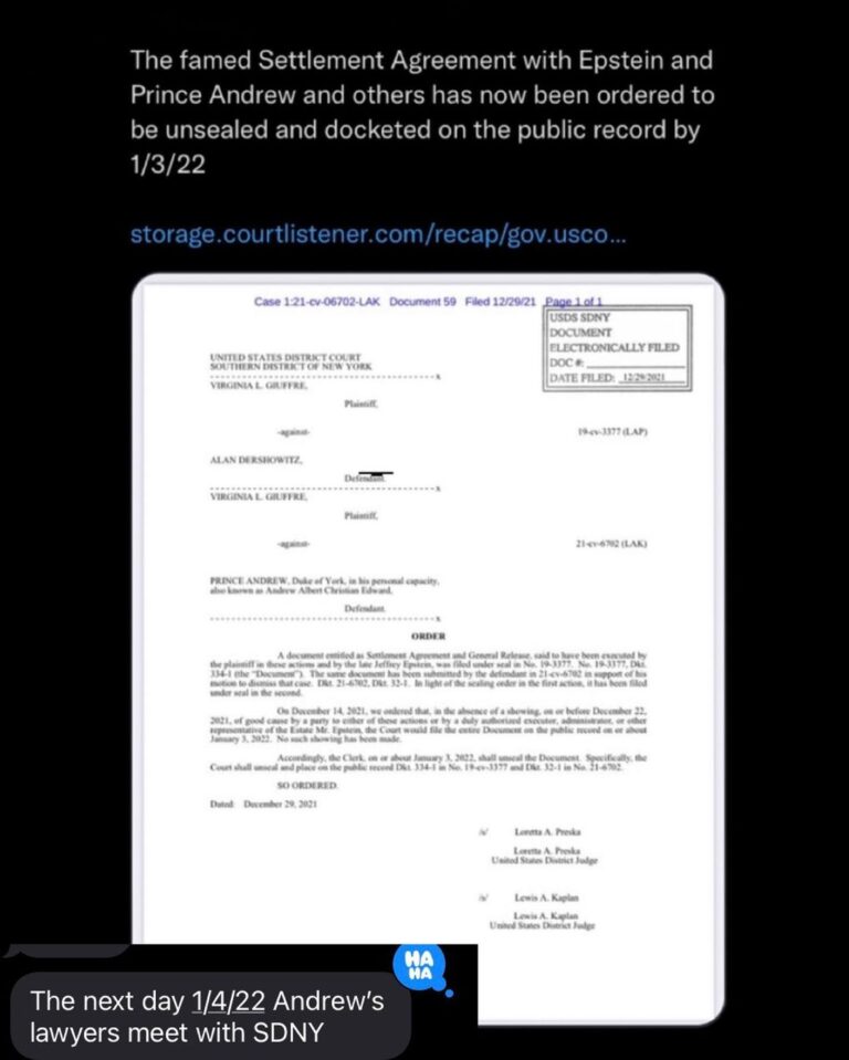 Read more about the article The famed Settlement Agreement with Epstein and Prince Andrew and others has now been ordered to be unsealed and docketed on the public record by 1/3/22