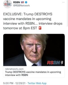 Read more about the article EXCLUSIVE: Trump DESTROYS vaccine mandates in upcoming interview with RSBN… interview drops tomorrow at 8pm EST