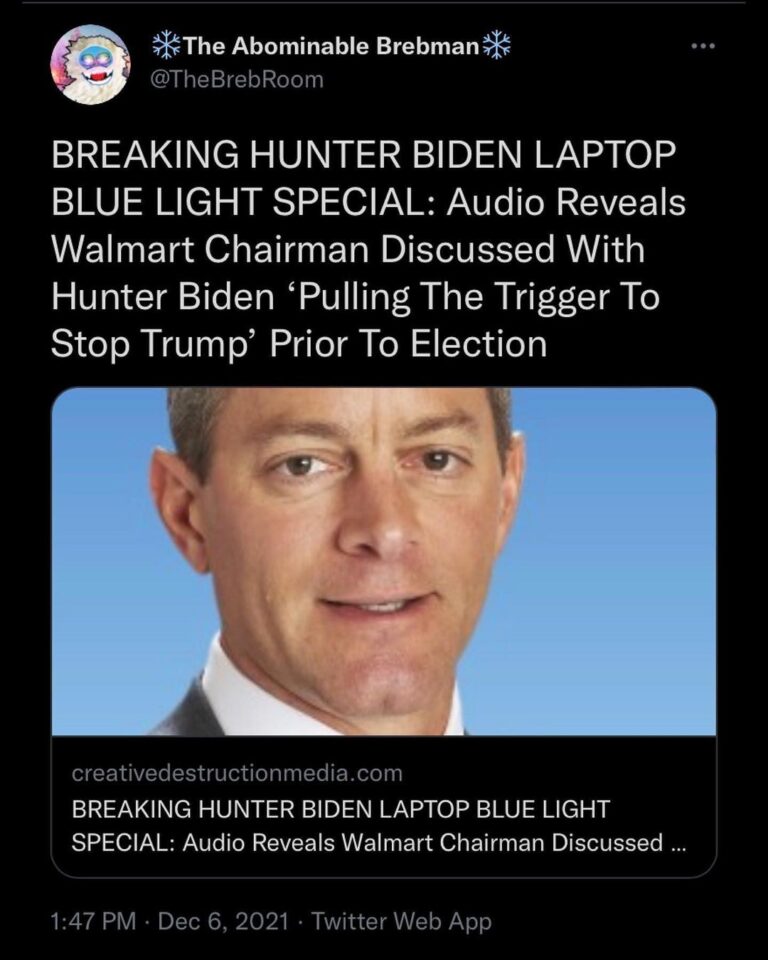 Read more about the article BREAKING HUNTER BIDEN LAPTOP BLUE LIGHT SPECIAL: Audio Reveals Walmart Chairman Discussed With Hunter Biden ‘Pulling The Trigger To Stop Trump’ Prior To Election