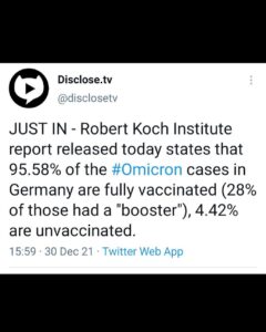 Read more about the article JUST IN – Robert Koch Institute report released today states that 95.58% of the #0micron cases in Germany are fully vaccinated (28% of those had a “booster”), 4.42% are unvaccinated.