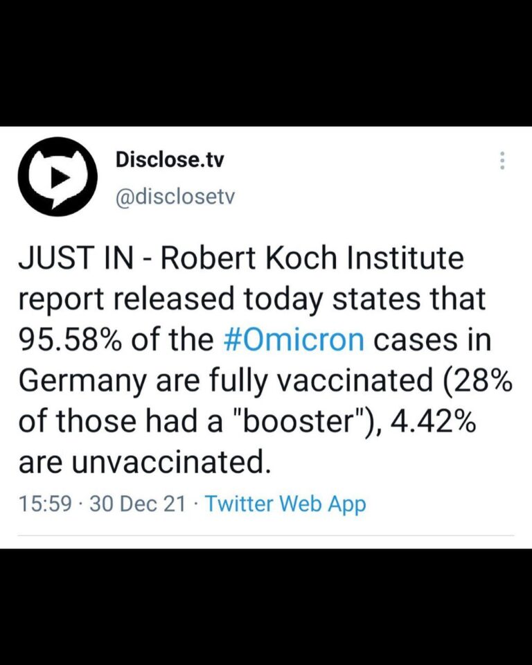 Read more about the article JUST IN – Robert Koch Institute report released today states that 95.58% of the #0micron cases in Germany are fully vaccinated (28% of those had a “booster”), 4.42% are unvaccinated.