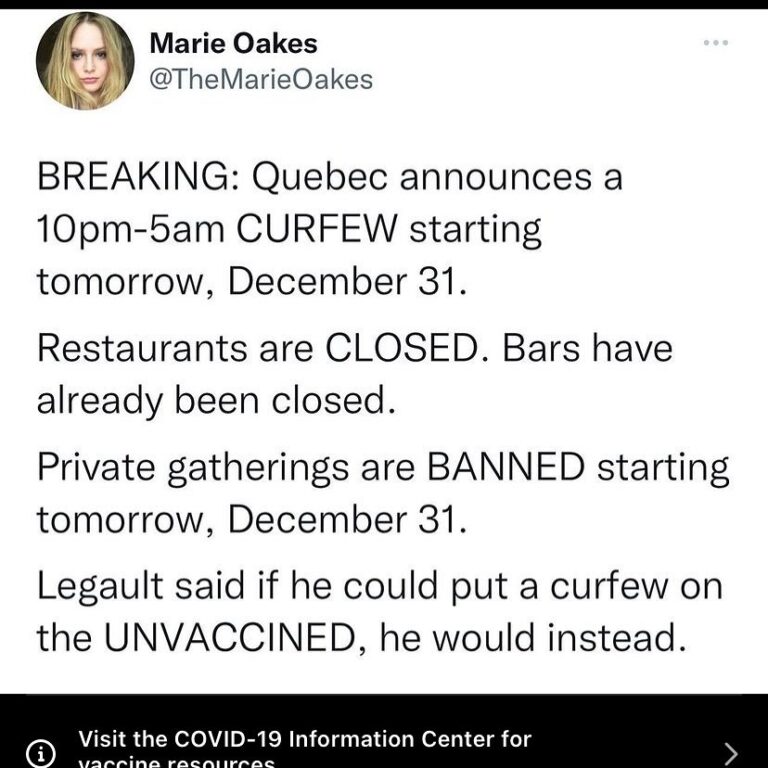 Read more about the article BREAKING: Quebec announces a IOpm-5am CURFEW starting tomorrow, December 31. Restaurants are CLOSED. Bars have already been closed. Private gatherings are BANNED starting tomorrow, December 31. Legault said if he could put a curfew on the UNVACCINED, he would instead.