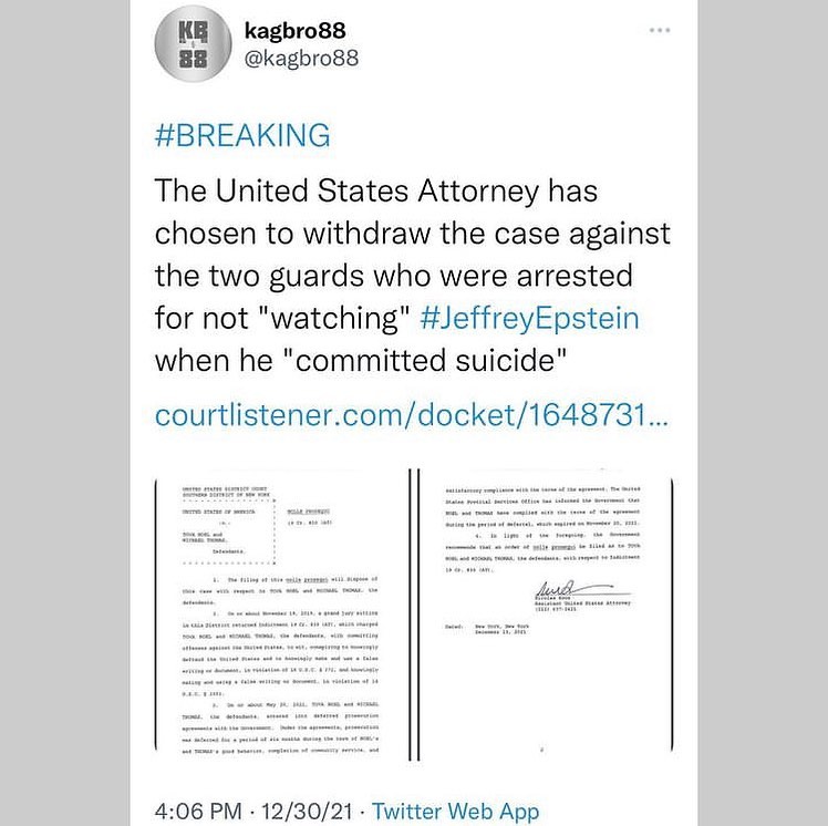 Read more about the article #BREAKING The United States Attorney has chosen to withdraw the case against the two guards who were arrested for not “watching” #JeffreyEpstein when he “committed suicide”