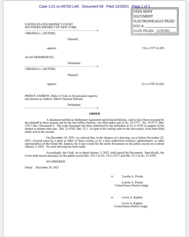 Read more about the article The famed Settlement Agreement with Epstein and Prince Andrew and others has now been ordered to be unsealed and docketed on the public record by 1/3/22