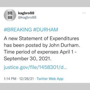 Read more about the article #BREAKING #DURHAM A new Statement of Expenditures has been posted by John Durham. Time period of expenses April 1 – September 30, 2021.
