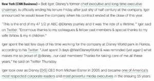 Read more about the article Bob Iger celebrated his last day with Disney, December 31, 2021, after 47.5 years