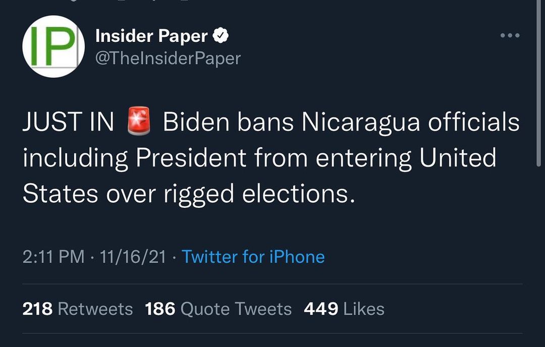 You are currently viewing JUST IN g Biden bans Nicaragua officials including President from entering United States over rigged elections.