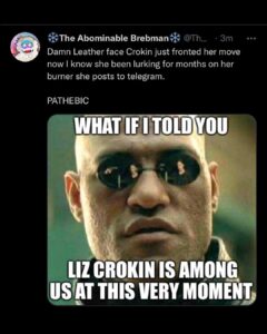 Read more about the article Damn Leather face Crokin just fronted her move now I know she been lurking for months on her burner she posts to telegram. PATHEBIC
