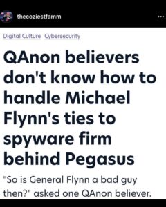 Read more about the article QAnon believers don’t know how to handle Michael Flynn’s ties to spyware firm behind Pegasus “So is General Flynn a bad guy then?” asked one QAnon believer.