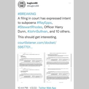 Read more about the article BREAKING A filing in court has expressed intent to subpoena Ray Epps, Stewart Rhodes, Officer Harry Dunn, John Sullivan, and 10 others. This should get interesting.