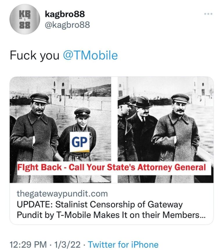Read more about the article Disappearing links in text messages so you can’t read the articles.  If you have T-Mobile. Dump’em. – UPDATE: Stalinist Censorship of Gateway Pundit by T-Mobile Makes It on their Members…