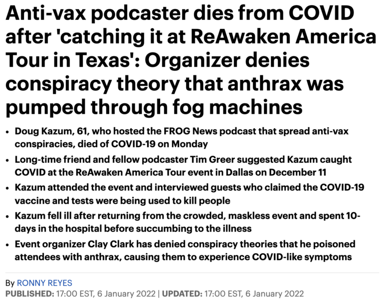 Read more about the article Doug Kuzma, “anti-vaxxer,” dead from Covid-19, January 6, 2022 news