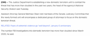 Read more about the article DOJ announces new â€œDomestic Terrorism Unit,â€� January 11, 2022