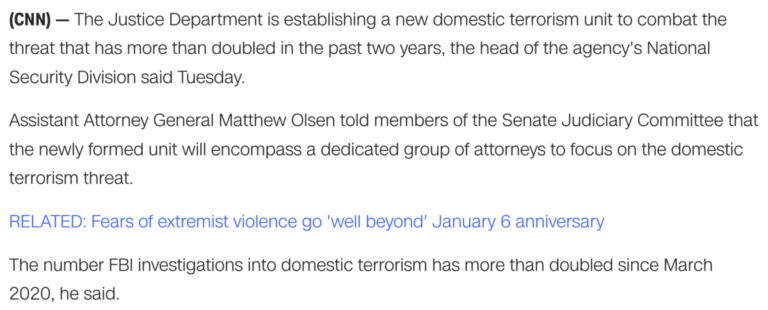 Read more about the article DOJ announces new “Domestic Terrorism Unit,” January 11, 2022