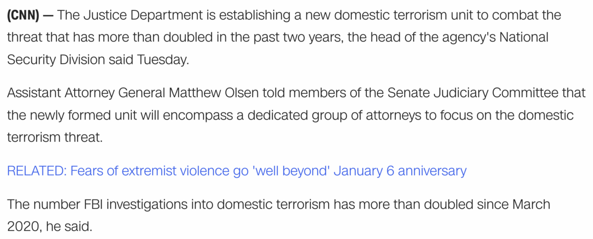 You are currently viewing DOJ announces new “Domestic Terrorism Unit,” January 11, 2022