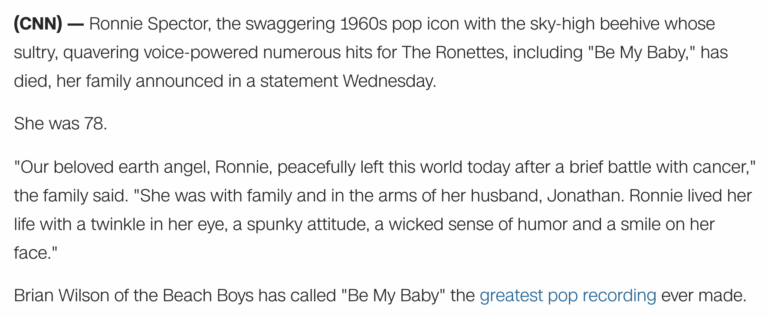 Read more about the article Ronnie Spector of the Ronettes, dead at 78, 59-years after Be My Baby single