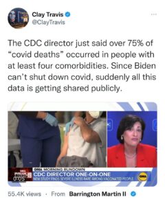 Read more about the article The CDC director just said over 75% of “covid deaths” occurred in people with at least four comorbidities. Since Biden can’t shut down covid, suddenly all this data is getting shared publicly.