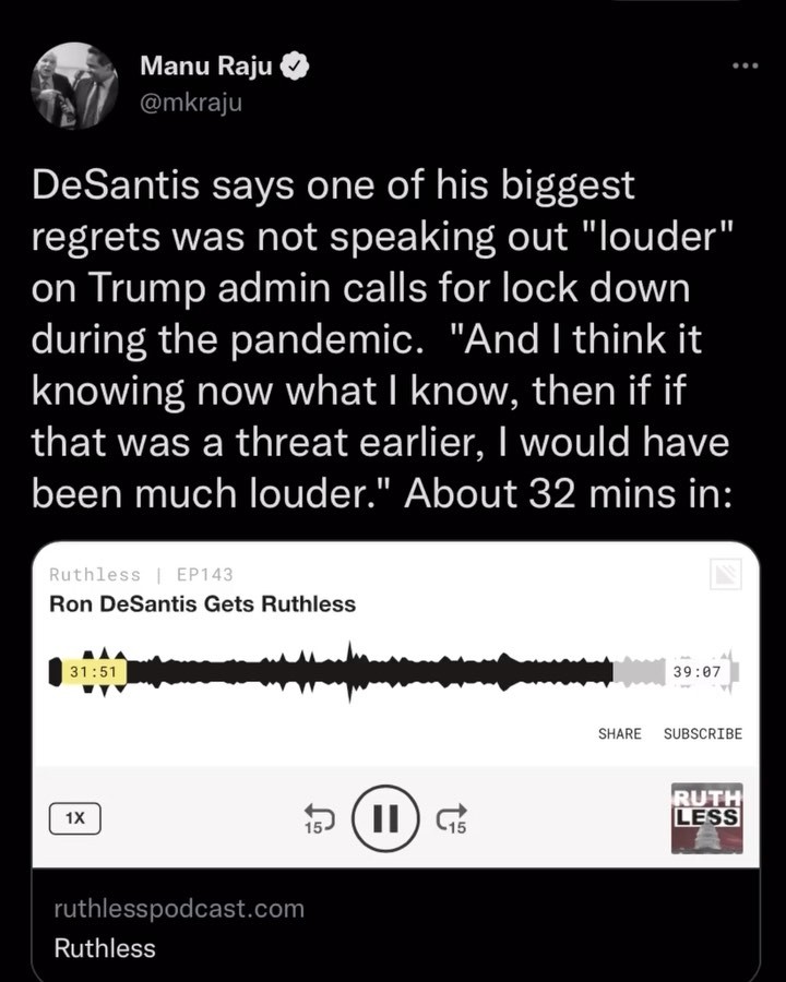 Read more about the article DeSantis says one of his biggest regrets was not speaking out “louder” on Trump admin calls for lock down during the pandemic. “And I think it knowing now what I know, then if if that was a threat earlier, I would have been much louder.” About 32 mins in: