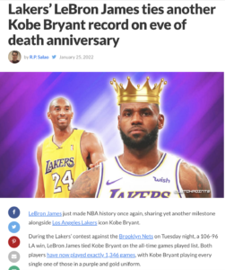 Read more about the article LeBron James ties Kobe Bryant in games played on 2-year anniversary of passing him in points scored, helping Lakers improve to 24-24 and the 8th seed, in rigged NBA mockery, January 25, 2022