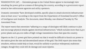 Read more about the article Feds report extremists are looking to target power grid, January 25, 2022