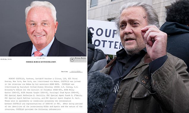 Read more about the article Steve Bannon accuses prosecutors of trying to SPY on his lawyer Bob Costello by getting his phone and email data despite ‘privilege’ claim – as it is revealed FBI took notes when he met with government investigators