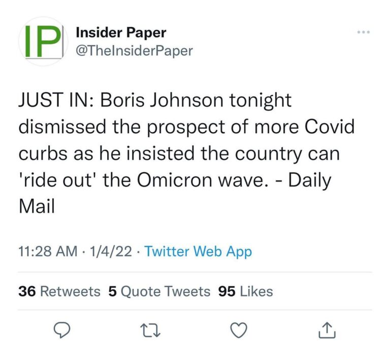 Read more about the article JUST IN: Boris Johnson tonight dismissed the prospect of more Covid curbs as he insisted the country can ‘ride out’ the Omicron wave. – Daily Mail