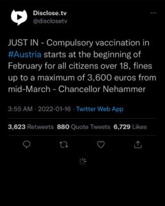 Read more about the article JUST IN – Compulsory vaccination in #Austria starts at the beginning of February for all citizens over 18, fines up to a maximum of 3,600 euros from mid-March – Chancellor Nehammer
