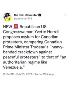 Read more about the article NEW A Republican US Congresswoman Yvette Herrell proposes asylum for Canadian protesters, comparing Canadian Prime Minister Trudeau’s “heavy- handed crackdown against peaceful protesters” to that of “an authoritarian regime like Venezuela.”