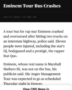 Read more about the article Eminem Tour Bus Crashes – Lots of car crashes in this man’s career even a fake one for the vmas