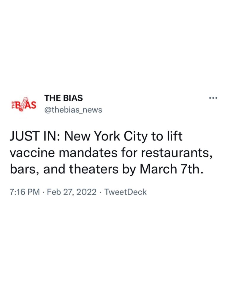 Read more about the article JUST IN: New York City to lift vaccine mandates for restaurants, bars, and theaters by March 7th.