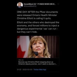 Read more about the article ONE DAY AFTER the Pfizer documents were released Ontario Health Minister Christine Elliott is calling it quits. Elliott and the others who destroyed the economy, and forced millions to inject a dangerous experimental ‘vax’ can run – but they can’t hide.