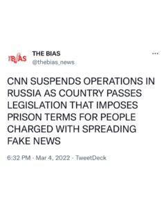 Read more about the article CNN SUSPENDS OPERATIONS IN RUSSIA AS COUNTRY PASSES LEGISLATION THAT IMPOSES PRISON TERMS FOR PEOPLE CHARGED WITH SPREADING FAKE NEWS