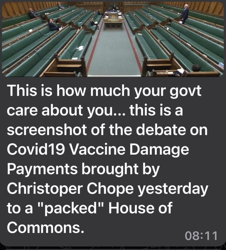 Read more about the article This is how much your govt care about you… this is a screenshot of the debate on Covid19 Vaccine Damage Payments brought by Christoper Chope yesterday to a “packed” House of Commons.