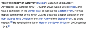 Read more about the article Vasily Astafyev, Soviet officer, dead at 102, March 7, 2022￼