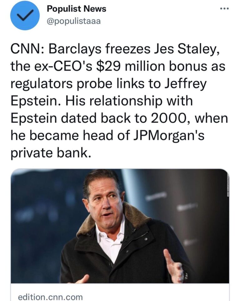 Read more about the article CNN: Barclays freezes Jes Staley, the ex-CEO’s $29 million bonus as regulators probe links to Jeffrey Epstein. His relationship with Epstein dated back to 2000, when he became head of JPMorgan’s private bank.