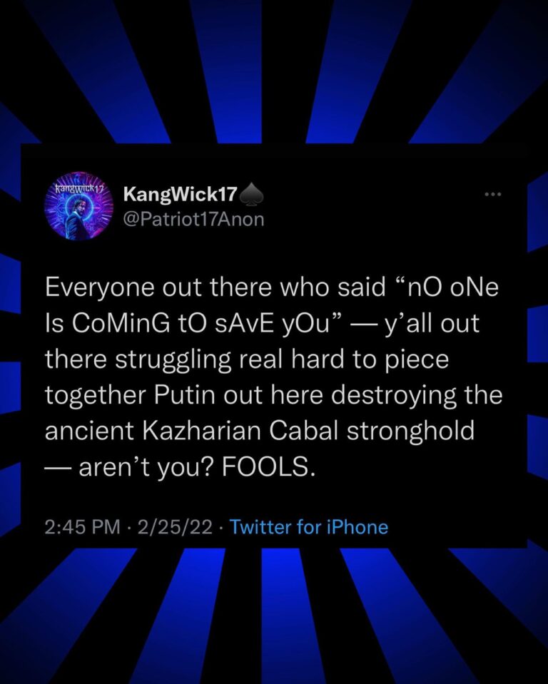 Read more about the article Everyone out there who said “no oNe Is CoMinG to sAvE you ” —y’all out there struggling real hard to piece together Putin out here destroying the ancient Kazharian Cabal stronghold — aren’t you? FOOLS.