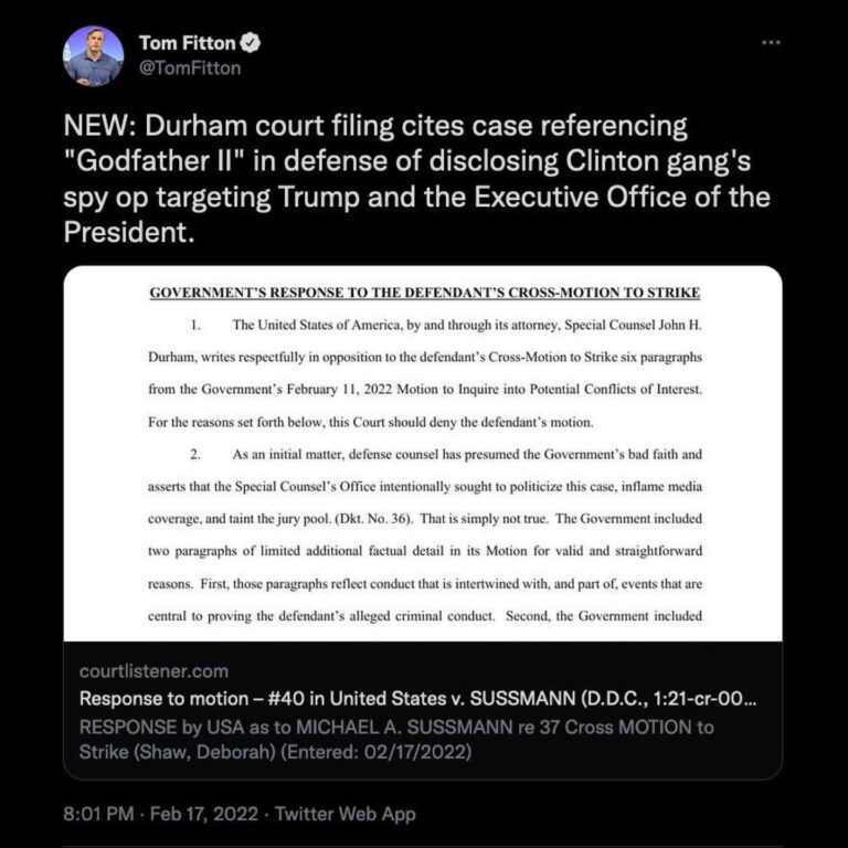 Read more about the article NEW: Durham court filing cites case referencing “Godfather II” in defense of disclosing Clinton gang’s spy op targeting Trump and the Executive Office of the President.